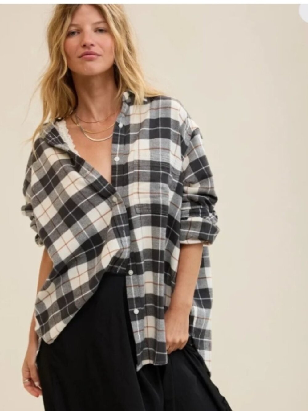Like New! AERIE Cotton Oversized Button-Down Plaid Shirt White/Gray Size XL